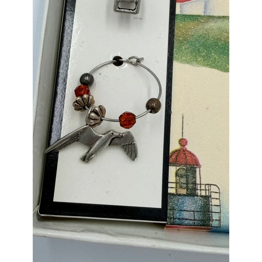 Vintage Nautical Wine Glass Charms Set 6 Cape Cod Lobster‎ Seagull Pewter